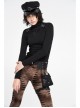 High Collar Front Chest Leather Hasp Metal Eyelets Lace-Up Long Sleeve Black Punk T-Shirt