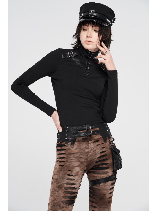 High Collar Front Chest Leather Hasp Metal Eyelets Lace-Up Long Sleeve Black Punk T-Shirt