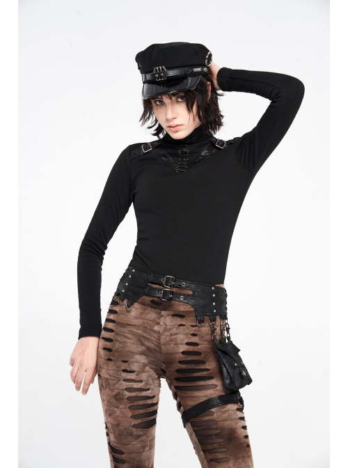 High Collar Front Chest Leather Hasp Metal Eyelets Lace-Up Long Sleeve Black Punk T-Shirt