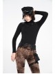 High Collar Front Chest Leather Hasp Metal Eyelets Lace-Up Long Sleeve Black Punk T-Shirt