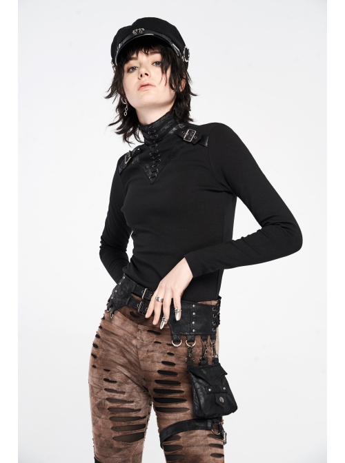 High Collar Front Chest Leather Hasp Metal Eyelets Lace-Up Long Sleeve Black Punk T-Shirt