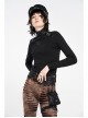 High Collar Front Chest Leather Hasp Metal Eyelets Lace-Up Long Sleeve Black Punk T-Shirt