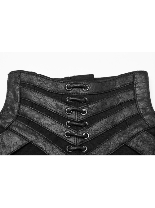 High Collar Front Chest Leather Hasp Metal Eyelets Lace-Up Long Sleeve Black Punk T-Shirt