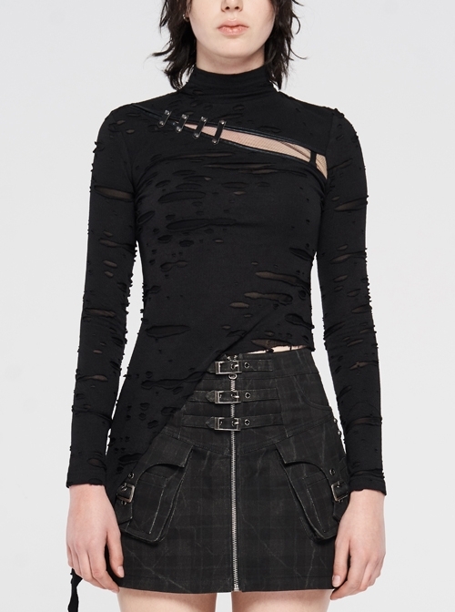 High Collar Front Chest Hollow-Out Strap Long Sleeve Irregular Hem Broken Holes Splice Mesh Black Punk T-Shirt