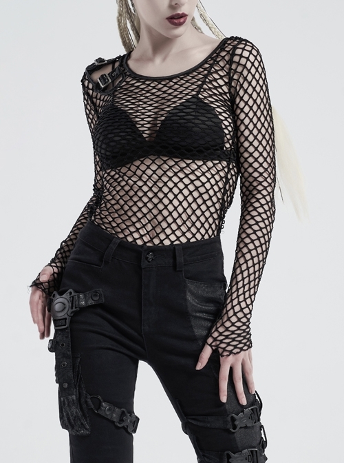 Round Collar Shoulder Hollow-Out Leather Hasp Long Sleeve Black Punk Coarse Mesh T-Shirt