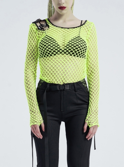 Round Collar Shoulder Hollow-Out Leather Hasp Long Sleeve Fluorescent Green Punk Coarse Mesh T-Shirt