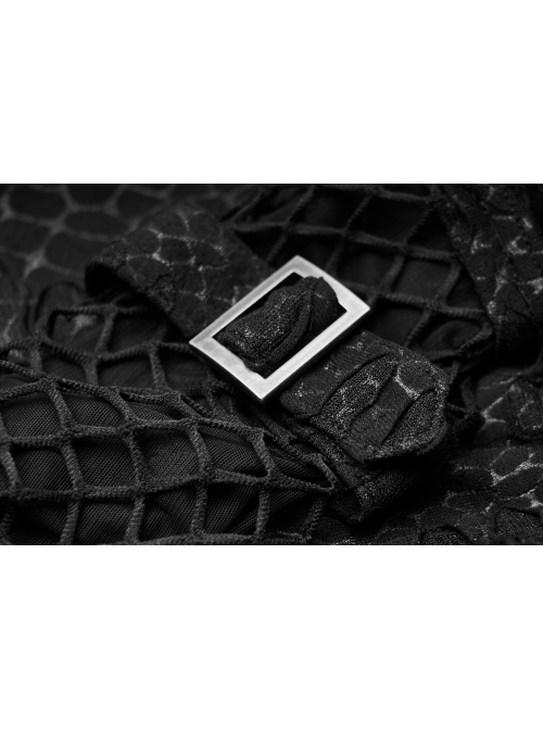 Front Chest Metal Eyelets Lace-Up Long Sleeve Hasp Loop  Black Punk Print Knit Splice Mesh Hooded T-Shirt