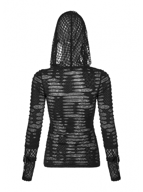 Front Chest Metal Eyelets Lace-Up Long Sleeve Hasp Loop  Black Punk Print Knit Splice Mesh Hooded T-Shirt