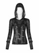 Front Chest Metal Eyelets Lace-Up Long Sleeve Hasp Loop  Black Punk Print Knit Splice Mesh Hooded T-Shirt
