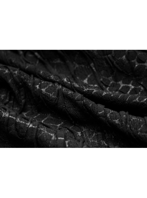 Front Chest Metal Eyelets Lace-Up Long Sleeve Hasp Loop  Black Punk Print Knit Splice Mesh Hooded T-Shirt