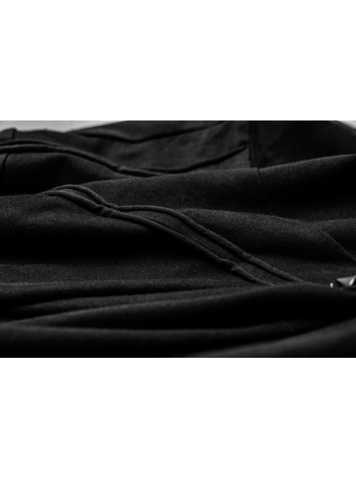 Collar Metal Rivet Long Sleeve Black Punk Hooded Knit T-Shirt