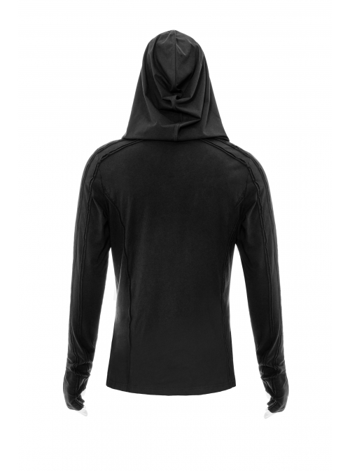 Collar Metal Rivet Long Sleeve Black Punk Hooded Knit T-Shirt
