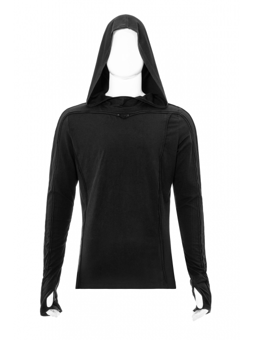 Collar Metal Rivet Long Sleeve Black Punk Hooded Knit T-Shirt