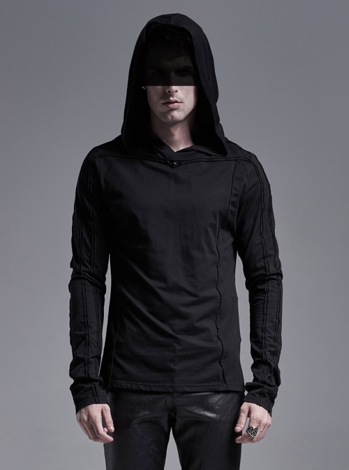 Collar Metal Rivet Long Sleeve Black Punk Hooded Knit T-Shirt