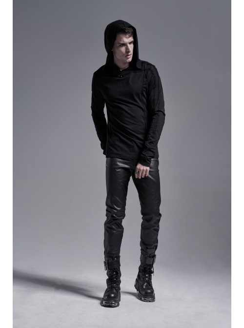 Collar Metal Rivet Long Sleeve Black Punk Hooded Knit T-Shirt