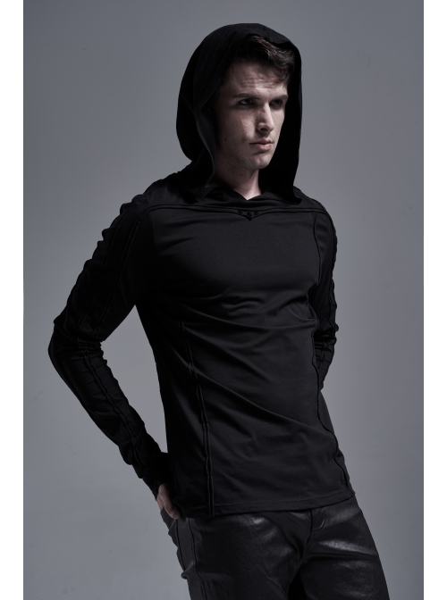 Collar Metal Rivet Long Sleeve Black Punk Hooded Knit T-Shirt