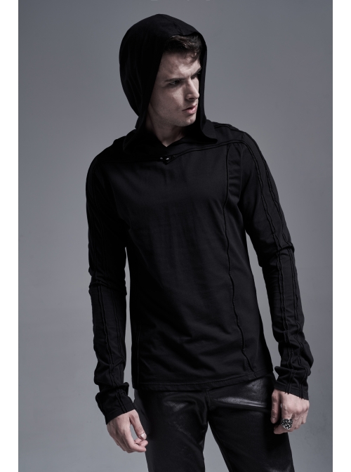 Collar Metal Rivet Long Sleeve Black Punk Hooded Knit T-Shirt