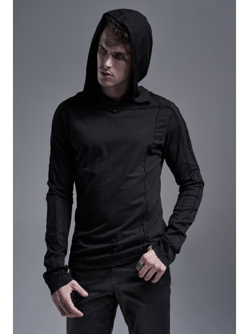 Collar Metal Rivet Long Sleeve Black Punk Hooded Knit T-Shirt