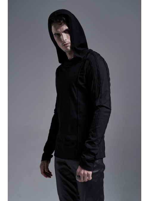 Collar Metal Rivet Long Sleeve Black Punk Hooded Knit T-Shirt