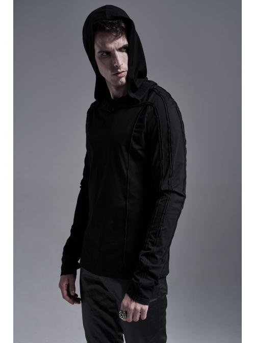 Collar Metal Rivet Long Sleeve Black Punk Hooded Knit T-Shirt