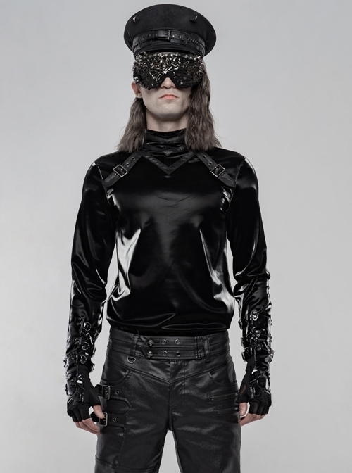 High Collar Front Leather Hasp Long Sleeve Black Punk Imitation Sharkskin Knitting T-Shirt