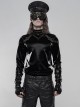 High Collar Front Leather Hasp Long Sleeve Black Punk Imitation Sharkskin Knitting T-Shirt
