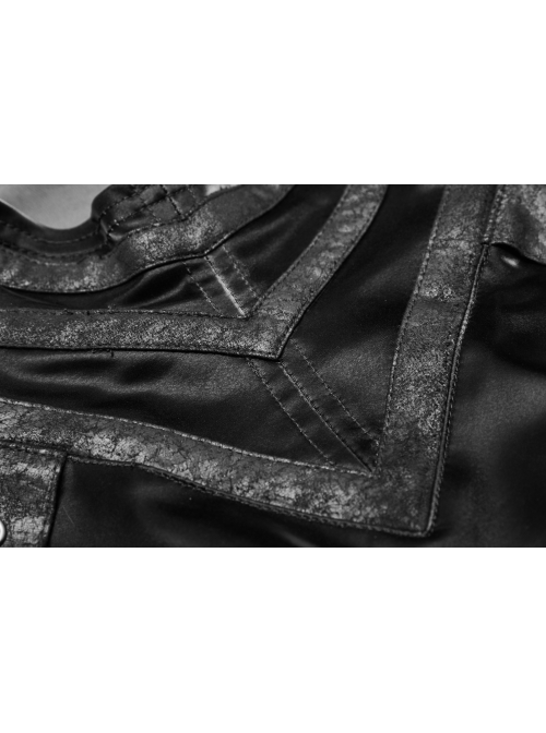 High Collar Front Leather Hasp Long Sleeve Black Punk Imitation Sharkskin Knitting T-Shirt