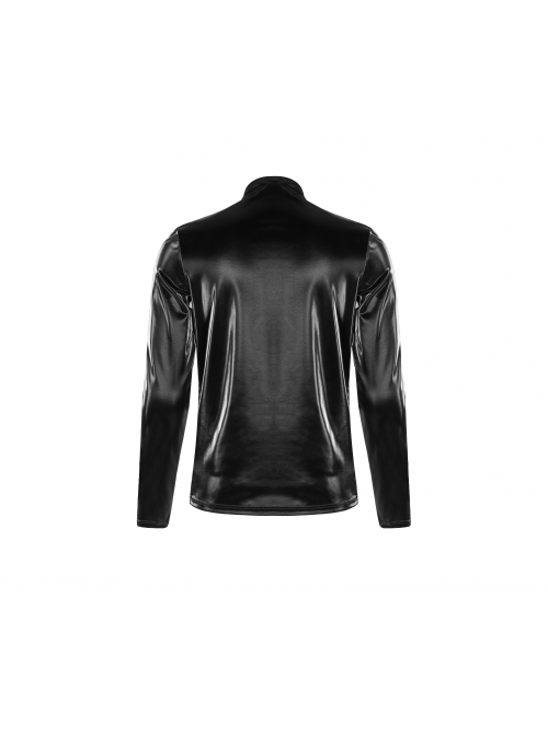 High Collar Front Leather Hasp Long Sleeve Black Punk Imitation Sharkskin Knitting T-Shirt