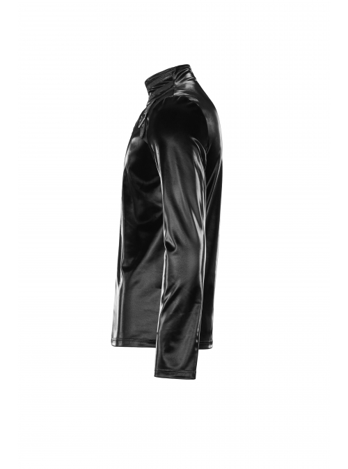 High Collar Front Leather Hasp Long Sleeve Black Punk Imitation Sharkskin Knitting T-Shirt