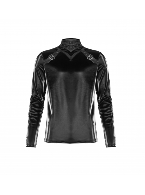 High Collar Front Leather Hasp Long Sleeve Black Punk Imitation Sharkskin Knitting T-Shirt