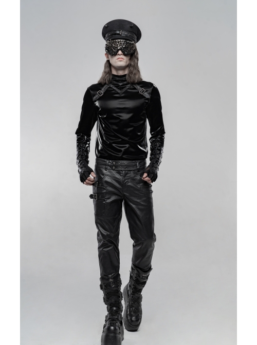 High Collar Front Leather Hasp Long Sleeve Black Punk Imitation Sharkskin Knitting T-Shirt