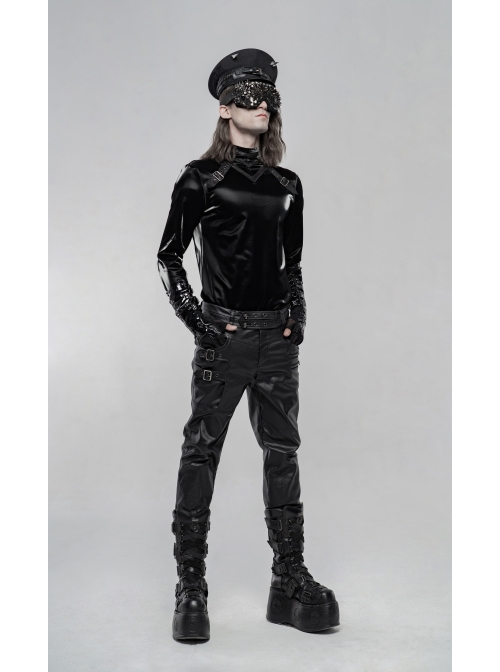 High Collar Front Leather Hasp Long Sleeve Black Punk Imitation Sharkskin Knitting T-Shirt