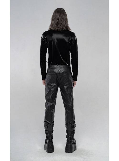 High Collar Front Leather Hasp Long Sleeve Black Punk Imitation Sharkskin Knitting T-Shirt