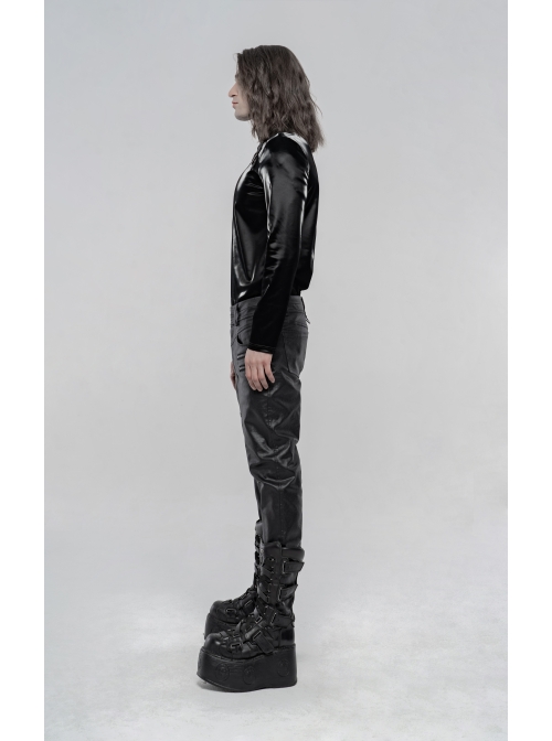 High Collar Front Leather Hasp Long Sleeve Black Punk Imitation Sharkskin Knitting T-Shirt