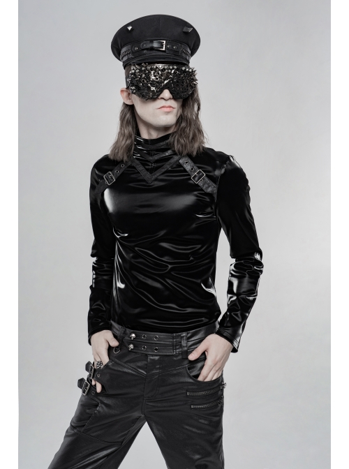 High Collar Front Leather Hasp Long Sleeve Black Punk Imitation Sharkskin Knitting T-Shirt