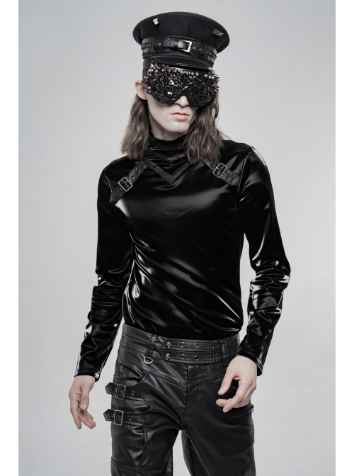High Collar Front Leather Hasp Long Sleeve Black Punk Imitation Sharkskin Knitting T-Shirt