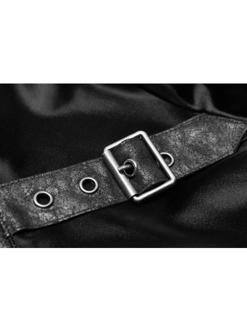 High Collar Front Leather Hasp Long Sleeve Black Punk Imitation Sharkskin Knitting T-Shirt