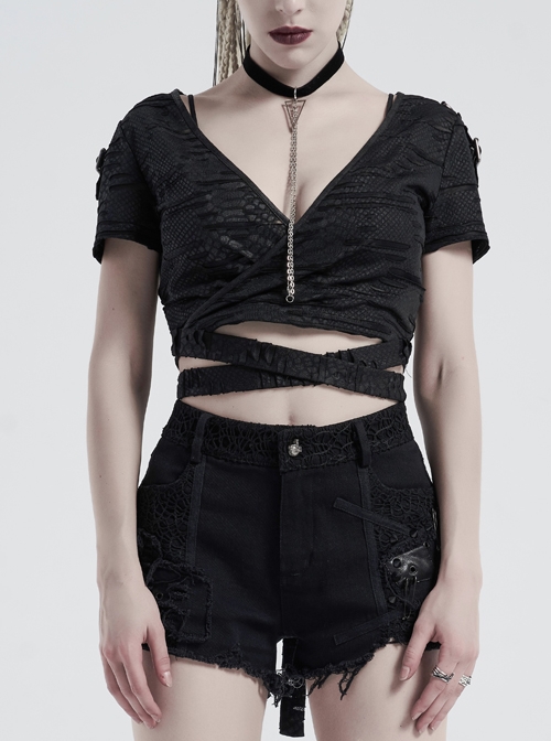 Large V-Neck Shoulder Leather Hasp Splice Broken Holes Knit Waist Bandage Black Punk Short T-Shirt