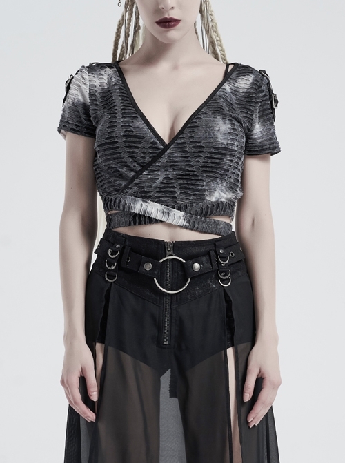 Large V-Neck Shoulder Leather Hasp Splice Broken Holes Knit Waist Bandage Grey Punk Tie-Dye Short T-Shirt
