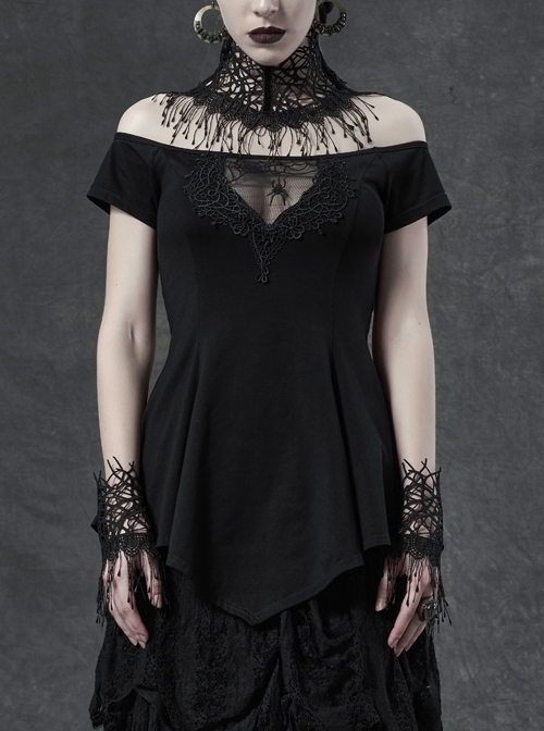 Horizontal Neck Front Chest Lace Embroidery Short Sleeve Frill Hem Black Gothic T-Shirt