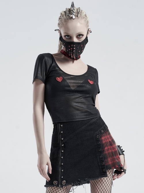 Big U-Collar Front Chest Skeleton Heart-Shaped Embroidery Patch Short Sleeve Black Punk Mesh T-Shirt