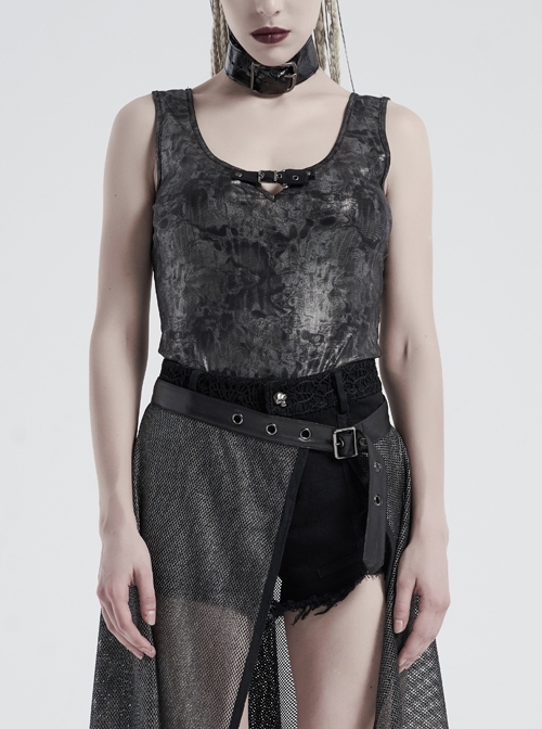 Leather Hasp Collar Grey Punk Wave Texture Glossy Printed Knitted Vest