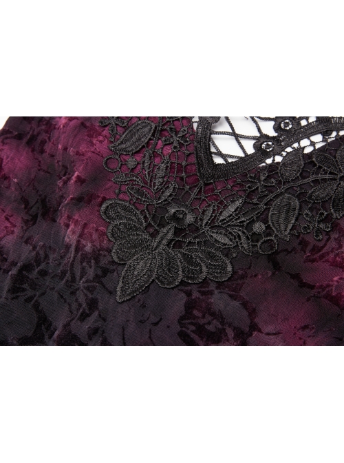 Lace High Collar Chest Hollow-Out Lace-Up Big Wave Hem Purple Gothic Flocking Network Knitting Vest