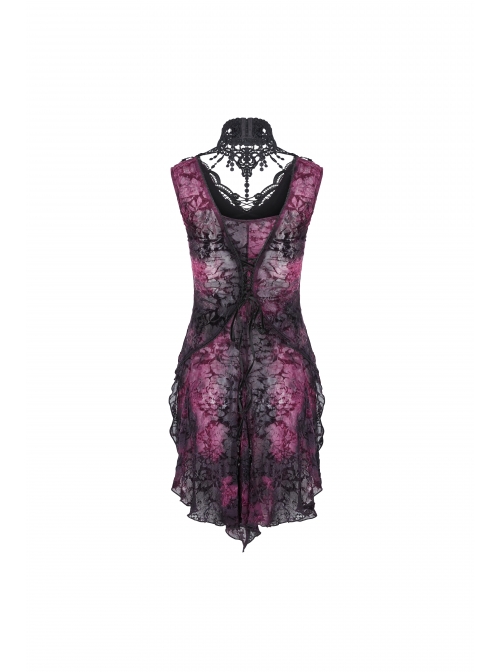 Lace High Collar Chest Hollow-Out Lace-Up Big Wave Hem Purple Gothic Flocking Network Knitting Vest