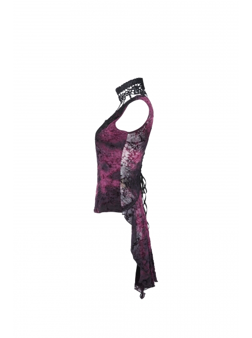 Lace High Collar Chest Hollow-Out Lace-Up Big Wave Hem Purple Gothic Flocking Network Knitting Vest