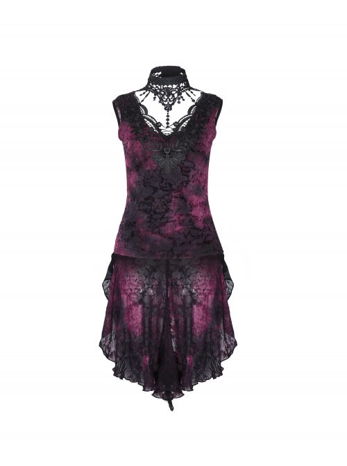 Lace High Collar Chest Hollow-Out Lace-Up Big Wave Hem Purple Gothic Flocking Network Knitting Vest