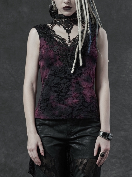 Lace High Collar Chest Hollow-Out Lace-Up Big Wave Hem Purple Gothic Flocking Network Knitting Vest