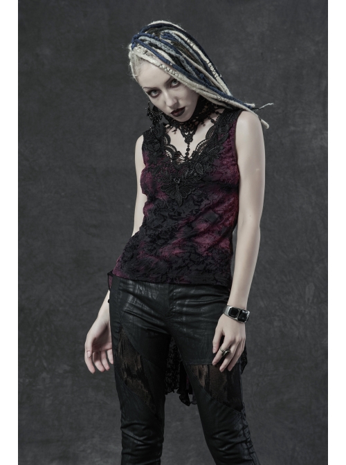 Lace High Collar Chest Hollow-Out Lace-Up Big Wave Hem Purple Gothic Flocking Network Knitting Vest