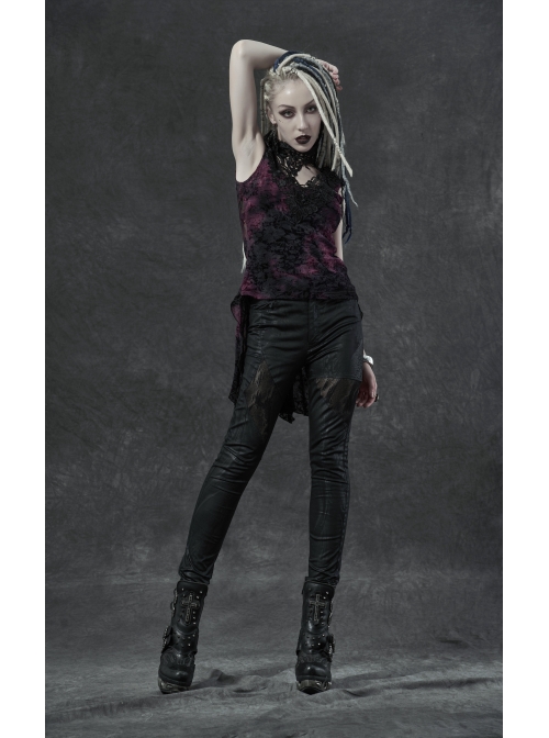 Lace High Collar Chest Hollow-Out Lace-Up Big Wave Hem Purple Gothic Flocking Network Knitting Vest