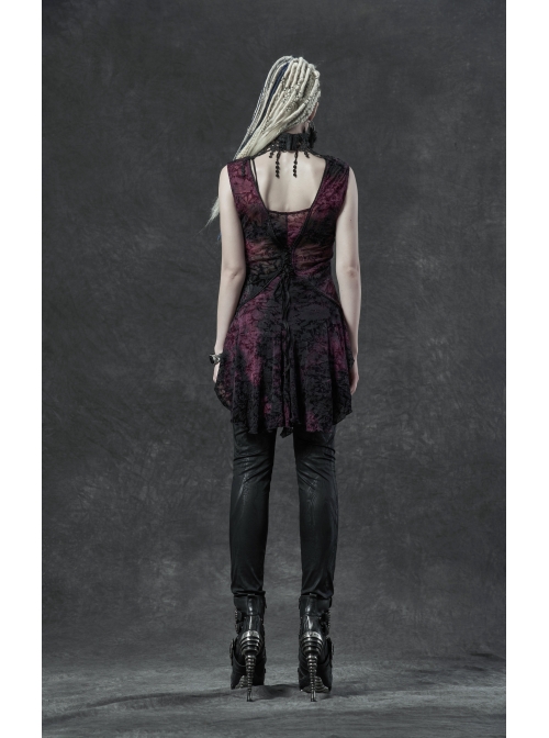 Lace High Collar Chest Hollow-Out Lace-Up Big Wave Hem Purple Gothic Flocking Network Knitting Vest